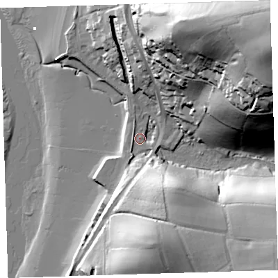 Shaded relief map of the ground around EX394RN, computed from Environment Agency LiDAR. The ground here sits at about 6 m above sea level and falls 76 m across the surrounding 800 m. Surface water reaching this point runs off ground lying to the north-east, 69.1 m higher.