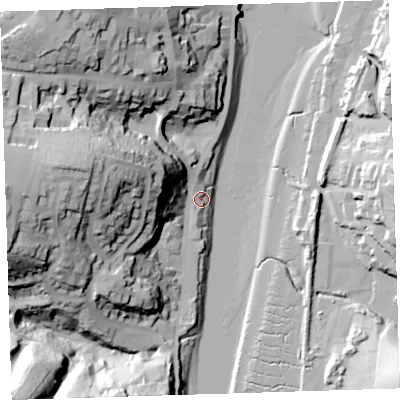 Shaded relief map of the ground around EX395AA, computed from Environment Agency LiDAR. The ground here sits at about 5 m above sea level and falls 56 m across the surrounding 800 m. Surface water reaching this point runs off ground lying to the west-north-west, 30.6 m higher.