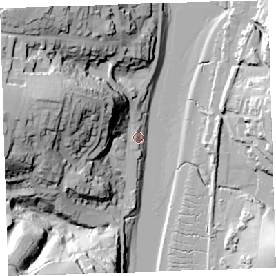 Shaded relief map of the ground around EX395AL, computed from Environment Agency LiDAR. The ground here sits at about 5 m above sea level and falls 60 m across the surrounding 800 m. Surface water reaching this point runs off ground lying to the north-west, 30.8 m higher.