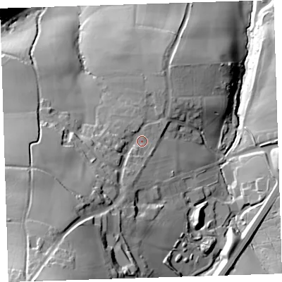 Shaded relief map of the ground around EX395BA, computed from Environment Agency LiDAR. The ground here sits at about 50 m above sea level and falls 70 m across the surrounding 800 m. Surface water reaching this point runs off ground lying to the south-west, 32.8 m higher.