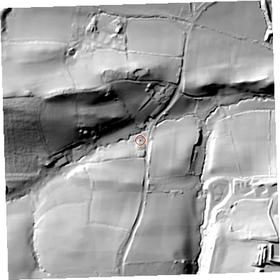 Shaded relief map of the ground around EX395BD, computed from Environment Agency LiDAR. The ground here sits at about 22 m above sea level and falls 50 m across the surrounding 800 m. Surface water reaching this point runs off ground lying to the west-north-west, 44.2 m higher.