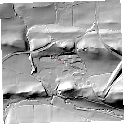 Shaded relief map of the ground around EX395BE, computed from Environment Agency LiDAR. The ground here sits at about 20 m above sea level and falls 51 m across the surrounding 800 m. Surface water reaching this point runs off ground lying to the north, 26.4 m higher.