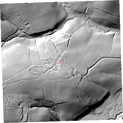 Shaded relief map of the ground around EX395BZ, computed from Environment Agency LiDAR. The ground here sits at about 88 m above sea level and falls 73 m across the surrounding 800 m. Surface water reaching this point runs off ground lying to the south-west, 16.1 m higher.
