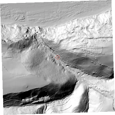 Shaded relief map of the ground around EX395DY, computed from Environment Agency LiDAR. The ground here sits at about 54 m above sea level and falls 177 m across the surrounding 800 m. Surface water reaching this point runs off ground lying to the west-south-west, 124.3 m higher.