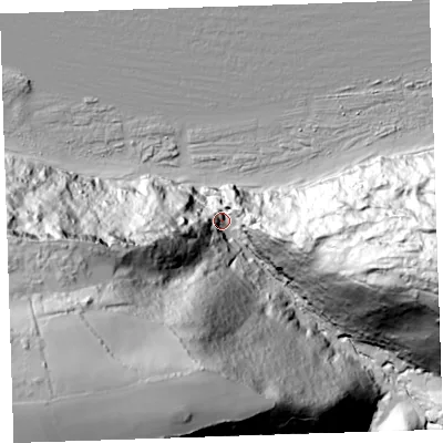 Shaded relief map of the ground around EX395DZ, computed from Environment Agency LiDAR. The ground here sits at about 41 m above sea level and falls 181 m across the surrounding 800 m. Surface water reaching this point runs off ground lying to the south-west, 143.4 m higher.