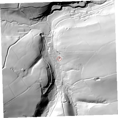 Shaded relief map of the ground around EX395ER, computed from Environment Agency LiDAR. The ground here sits at about 89 m above sea level and falls 78 m across the surrounding 800 m. Surface water reaching this point runs off ground lying to the east, 50.3 m higher.