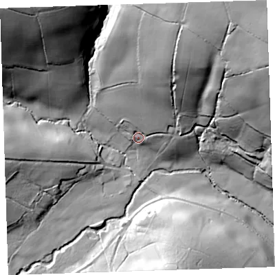 Shaded relief map of the ground around EX395ET, computed from Environment Agency LiDAR. The ground here sits at about 47 m above sea level and falls 87 m across the surrounding 800 m. Surface water reaching this point runs off ground lying to the north-north-east, 40.1 m higher.