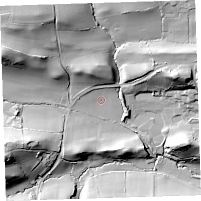 Shaded relief map of the ground around EX395FL, computed from Environment Agency LiDAR. The ground here sits at about 19 m above sea level and falls 43 m across the surrounding 800 m. Surface water reaching this point runs off ground lying to the north-north-west, 18.9 m higher.