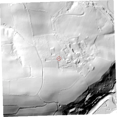 Shaded relief map of the ground around EX395HE, computed from Environment Agency LiDAR. The ground here sits at about 63 m above sea level and falls 94 m across the surrounding 800 m. Surface water reaching this point runs off ground lying to the south-south-west, 24.4 m higher.