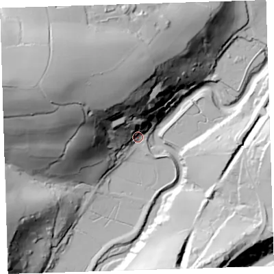Shaded relief map of the ground around EX395HF, computed from Environment Agency LiDAR. The ground here sits at about 8 m above sea level and falls 92 m across the surrounding 800 m. Surface water reaching this point runs off ground lying to the north-west, 80.7 m higher.