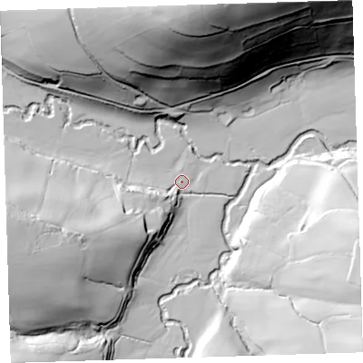 Shaded relief map of the ground around EX395HH, computed from Environment Agency LiDAR. The ground here sits at about 20 m above sea level and falls 87 m across the surrounding 800 m. Surface water reaching this point runs off ground lying to the south-south-west, 11.9 m higher.