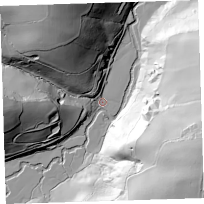 Shaded relief map of the ground around EX395HQ, computed from Environment Agency LiDAR. The ground here sits at about 10 m above sea level and falls 99 m across the surrounding 800 m. Surface water reaching this point runs off ground lying to the north-west, 43.0 m higher.