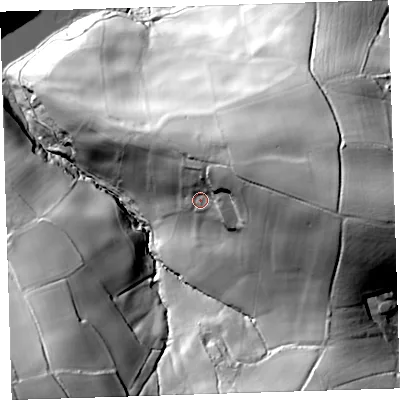 Shaded relief map of the ground around EX395HX, computed from Environment Agency LiDAR. The ground here sits at about 77 m above sea level and falls 84 m across the surrounding 800 m. Surface water reaching this point runs off ground lying to the east, 26.9 m higher.