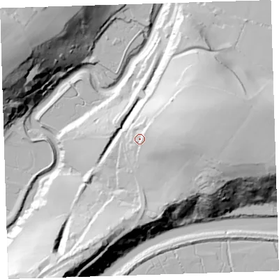 Shaded relief map of the ground around EX395JA, computed from Environment Agency LiDAR. The ground here sits at about 34 m above sea level and falls 70 m across the surrounding 800 m. Surface water reaching this point runs off ground lying to the east, 27.3 m higher.