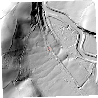 Shaded relief map of the ground around EX395JB, computed from Environment Agency LiDAR. The ground here sits at about 17 m above sea level and falls 99 m across the surrounding 800 m. Surface water reaching this point runs off ground lying to the west, 83.1 m higher.