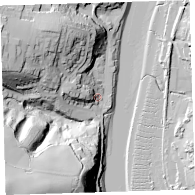 Shaded relief map of the ground around EX395JG, computed from Environment Agency LiDAR. The ground here sits at about 8 m above sea level and falls 86 m across the surrounding 800 m. Surface water reaching this point runs off ground lying to the west-north-west, 23.0 m higher.