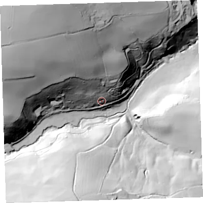 Shaded relief map of the ground around EX395JH, computed from Environment Agency LiDAR. The ground here sits at about 23 m above sea level and falls 99 m across the surrounding 800 m. Surface water reaching this point runs off ground lying to the north-north-west, 55.7 m higher.