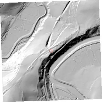 Shaded relief map of the ground around EX395JJ, computed from Environment Agency LiDAR. The ground here sits at about 49 m above sea level and falls 90 m across the surrounding 800 m. Surface water reaching this point runs off ground lying to the south-west, 21.7 m higher.