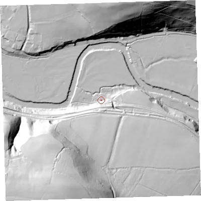 Shaded relief map of the ground around EX395LA, computed from Environment Agency LiDAR. The ground here sits at about 8 m above sea level and falls 91 m across the surrounding 800 m. Surface water reaching this point runs off ground lying to the south-south-east, 10.4 m higher.