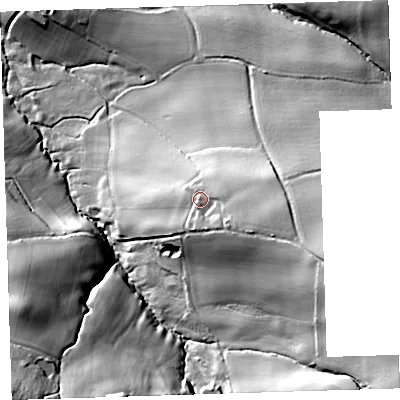 Shaded relief map of the ground around EX395LG, computed from Environment Agency LiDAR. The ground here sits at about 73 m above sea level and falls 71 m across the surrounding 800 m. Surface water reaching this point runs off ground lying to the south-east, 10.2 m higher.