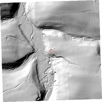 Shaded relief map of the ground around EX395LY, computed from Environment Agency LiDAR. The ground here sits at about 64 m above sea level and falls 66 m across the surrounding 800 m. Surface water reaching this point runs off ground lying to the east, 19.9 m higher.