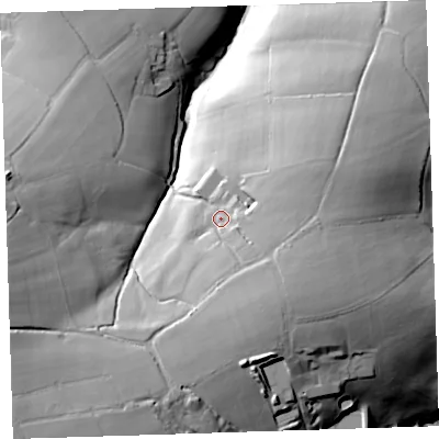 Shaded relief map of the ground around EX395LZ, computed from Environment Agency LiDAR. The ground here sits at about 131 m above sea level and falls 56 m across the surrounding 800 m. Surface water reaching this point runs off ground lying to the south-east, 11.2 m higher.