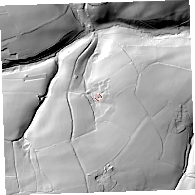 Shaded relief map of the ground around EX395NA, computed from Environment Agency LiDAR. The ground here sits at about 116 m above sea level and falls 79 m across the surrounding 800 m. Surface water reaching this point runs off ground lying to the south-south-west, 38.8 m higher.
