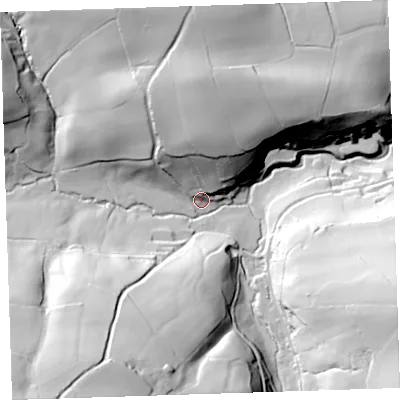 Shaded relief map of the ground around EX395PE, computed from Environment Agency LiDAR. The ground here sits at about 84 m above sea level and falls 74 m across the surrounding 800 m. Surface water reaching this point runs off ground lying to the north, 40.7 m higher.