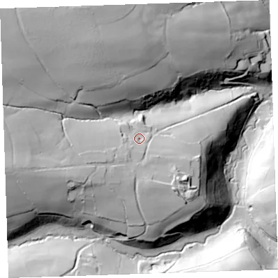 Shaded relief map of the ground around EX395PJ, computed from Environment Agency LiDAR. The ground here sits at about 151 m above sea level and falls 80 m across the surrounding 800 m. Surface water reaching this point runs off ground lying to the west-south-west, 17.5 m higher.
