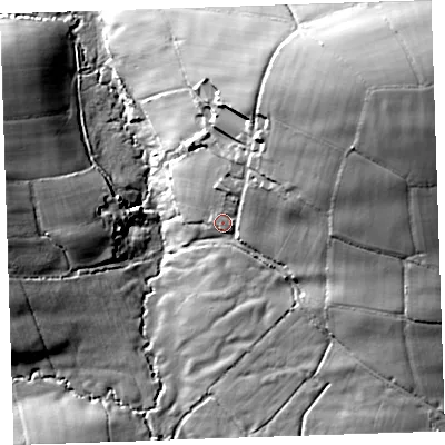 Shaded relief map of the ground around EX395PZ, computed from Environment Agency LiDAR. The ground here sits at about 158 m above sea level and falls 54 m across the surrounding 800 m. Surface water reaching this point runs off ground lying to the north-east, 37.0 m higher.