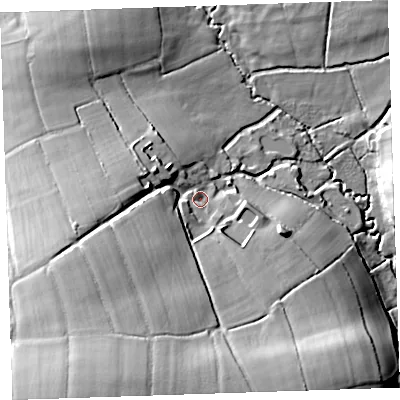 Shaded relief map of the ground around EX395QB, computed from Environment Agency LiDAR. The ground here sits at about 150 m above sea level and falls 50 m across the surrounding 800 m. Surface water reaching this point runs off ground lying to the south-south-west, 38.4 m higher.