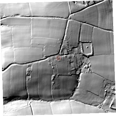 Shaded relief map of the ground around EX395QW, computed from Environment Agency LiDAR. The ground here sits at about 197 m above sea level and falls 49 m across the surrounding 800 m. Surface water reaching this point runs off ground lying to the north-north-east, 9.9 m higher.