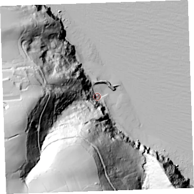 Shaded relief map of the ground around EX395TF, computed from Environment Agency LiDAR. The ground here sits at about 8 m above sea level and falls 173 m across the surrounding 800 m. Surface water reaching this point runs off ground lying to the south-west, 168.1 m higher.