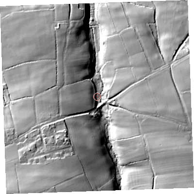 Shaded relief map of the ground around EX396AH, computed from Environment Agency LiDAR. The ground here sits at about 120 m above sea level and falls 55 m across the surrounding 800 m. Surface water reaching this point runs off ground lying to the south-south-west, 41.6 m higher.