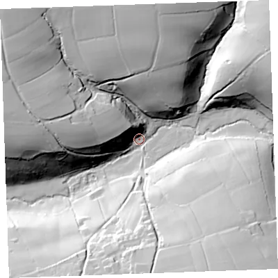 Shaded relief map of the ground around EX396BY, computed from Environment Agency LiDAR. The ground here sits at about 78 m above sea level and falls 64 m across the surrounding 800 m. Surface water reaching this point runs off ground lying to the north, 56.3 m higher.