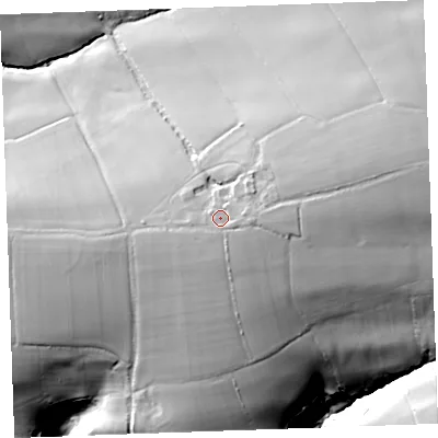 Shaded relief map of the ground around EX396DA, computed from Environment Agency LiDAR. The ground here sits at about 124 m above sea level and falls 67 m across the surrounding 800 m. Surface water reaching this point runs off ground lying to the east, 5.7 m higher.