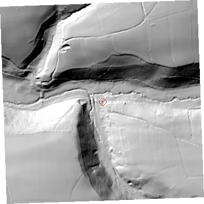Shaded relief map of the ground around EX396DS, computed from Environment Agency LiDAR. The ground here sits at about 56 m above sea level and falls 82 m across the surrounding 800 m. Surface water reaching this point runs off ground lying to the south-east, 42.9 m higher.
