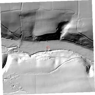 Shaded relief map of the ground around EX396DT, computed from Environment Agency LiDAR. The ground here sits at about 40 m above sea level and falls 88 m across the surrounding 800 m. Surface water reaching this point runs off ground lying to the north-east, 81.4 m higher.