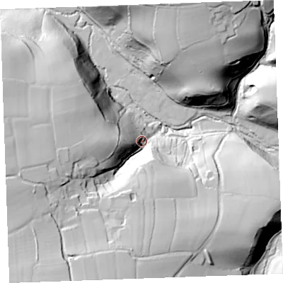 Shaded relief map of the ground around EX396EA, computed from Environment Agency LiDAR. The ground here sits at about 77 m above sea level and falls 73 m across the surrounding 800 m. Surface water reaching this point runs off ground lying to the south-west, 55.8 m higher.