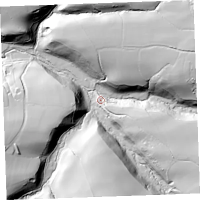 Shaded relief map of the ground around EX396EB, computed from Environment Agency LiDAR. The ground here sits at about 81 m above sea level and falls 62 m across the surrounding 800 m. Surface water reaching this point runs off ground lying to the east-north-east, 50.6 m higher.