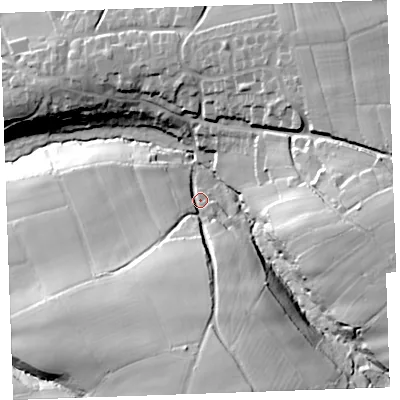 Shaded relief map of the ground around EX396EE, computed from Environment Agency LiDAR. The ground here sits at about 106 m above sea level and falls 54 m across the surrounding 800 m. Surface water reaching this point runs off ground lying to the south, 33.3 m higher.