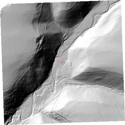 Shaded relief map of the ground around EX396HL, computed from Environment Agency LiDAR. The ground here sits at about 36 m above sea level and falls 121 m across the surrounding 800 m. Surface water reaching this point runs off ground lying to the east, 81.2 m higher.