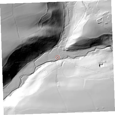 Shaded relief map of the ground around EX396HN, computed from Environment Agency LiDAR. The ground here sits at about 50 m above sea level and falls 111 m across the surrounding 800 m. Surface water reaching this point runs off ground lying to the south-east, 81.1 m higher.
