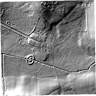 Shaded relief map of the ground around EX40AU, computed from Environment Agency LiDAR. The ground here sits at about 20 m above sea level and falls 26 m across the surrounding 800 m. Surface water reaching this point runs off ground lying to the west-north-west, 2.8 m higher.