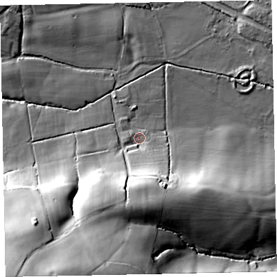 Shaded relief map of the ground around EX40AY, computed from Environment Agency LiDAR. The ground here sits at about 25 m above sea level and falls 51 m across the surrounding 800 m. Surface water reaching this point runs off ground lying to the south, 21.6 m higher.
