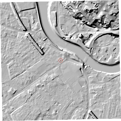 Shaded relief map of the ground around EX41AA, computed from Environment Agency LiDAR. The ground here sits at about 8 m above sea level and falls 31 m across the surrounding 800 m. Surface water reaching this point runs off ground lying to the west-north-west, 6.7 m higher.