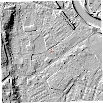 Shaded relief map of the ground around EX41AB, computed from Environment Agency LiDAR. The ground here sits at about 9 m above sea level and falls 15 m across the surrounding 800 m. Surface water reaching this point runs off ground lying to the north-west, 2.1 m higher.