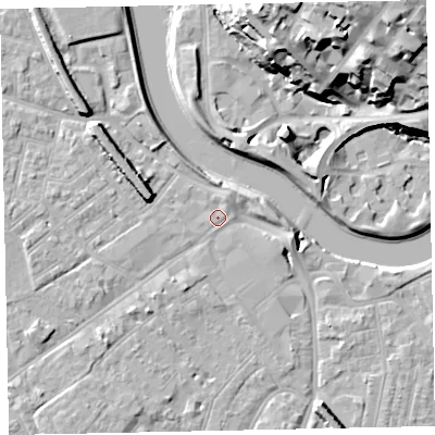 Shaded relief map of the ground around EX41AD, computed from Environment Agency LiDAR. The ground here sits at about 8 m above sea level and falls 31 m across the surrounding 800 m. Surface water reaching this point runs off ground lying to the west-north-west, 6.7 m higher.