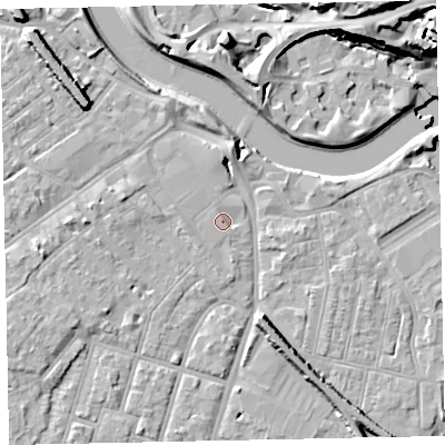 Shaded relief map of the ground around EX41AF, computed from Environment Agency LiDAR. The ground here sits at about 8 m above sea level and falls 24 m across the surrounding 800 m. Surface water reaching this point runs off ground lying to the north-north-west, 1.2 m higher.