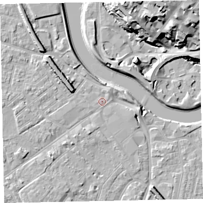 Shaded relief map of the ground around EX41AG, computed from Environment Agency LiDAR. The ground here sits at about 8 m above sea level and falls 31 m across the surrounding 800 m. Surface water reaching this point runs off ground lying to the west-north-west, 6.7 m higher.